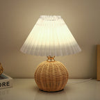 Lampa stołowa led podstawa rattanowa pleciona abażur plisowany