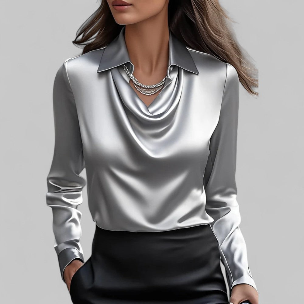 Damska bluzka Długi rękaw drapowany dekolt elegancki styl