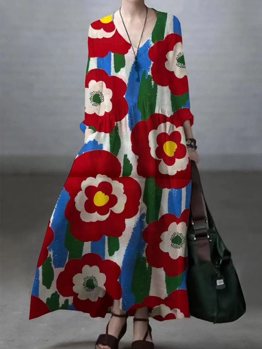Sukienka damska casual maxi Luźny fason z dekoltem V na co dzień