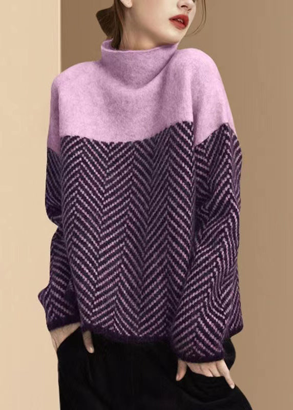 Damski Sweter Zimowy Khaki Patchwork Golf Krój