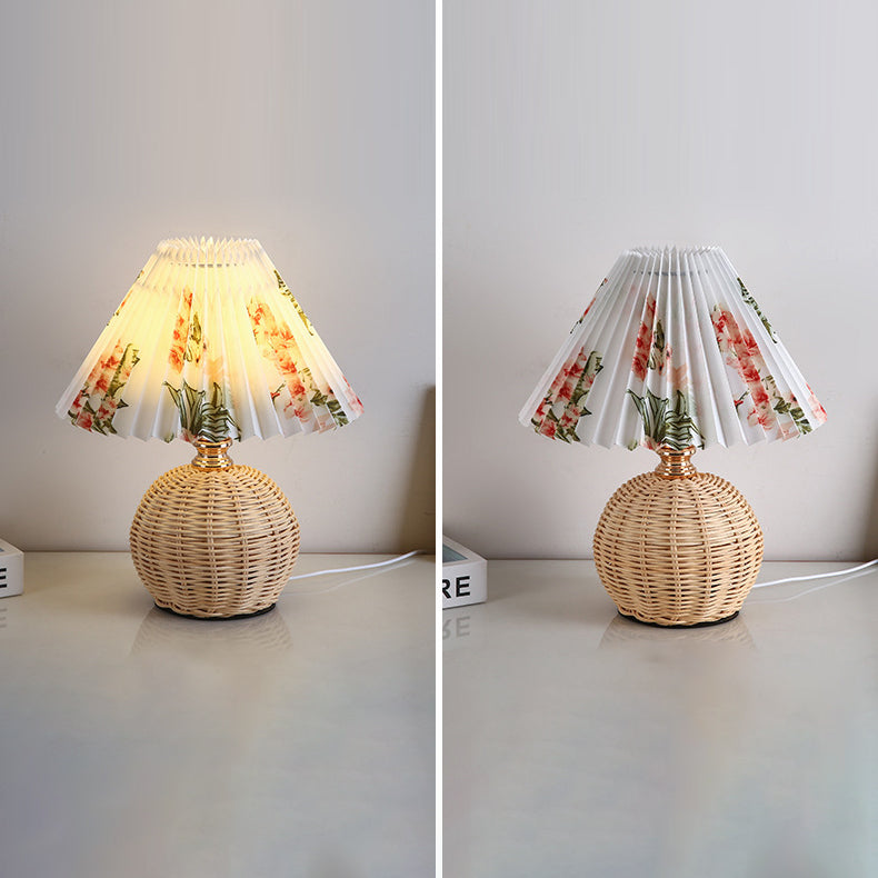 Lampa stołowa led podstawa rattanowa pleciona abażur plisowany