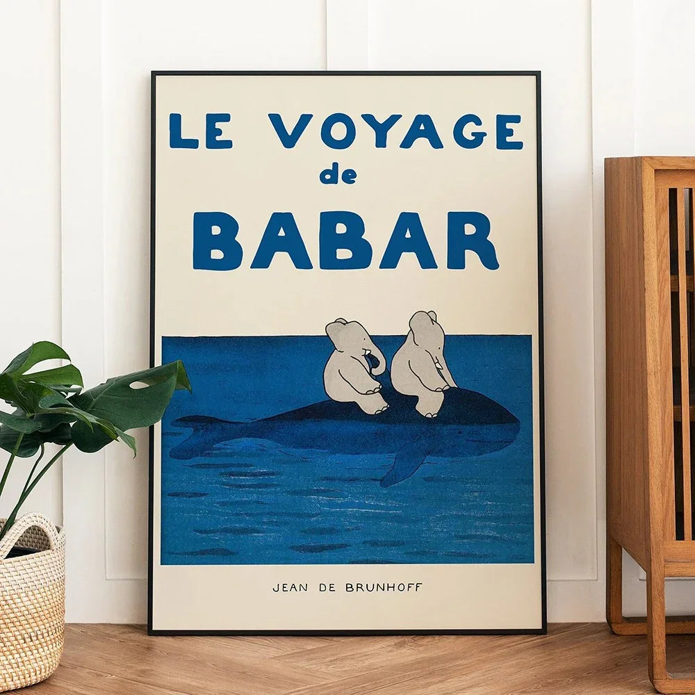 Uroczy Babar vintage obraz na ścianę Jeana de Brunhoffa - kolorowa dekoracja artystyczna