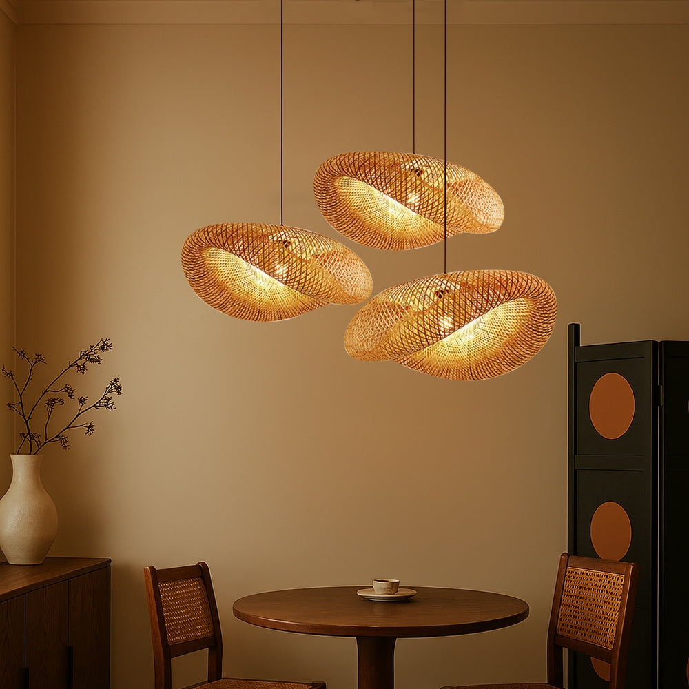 Szykowna naturalny bambusowa tkana lampa wisząca LED