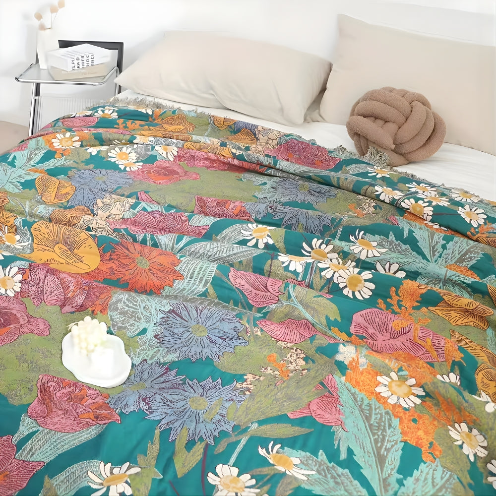 Koc patchwork w kwiaty narzuta boho z frędzlami na sofę
