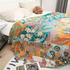 Koc patchwork w kwiaty narzuta boho z frędzlami na sofę