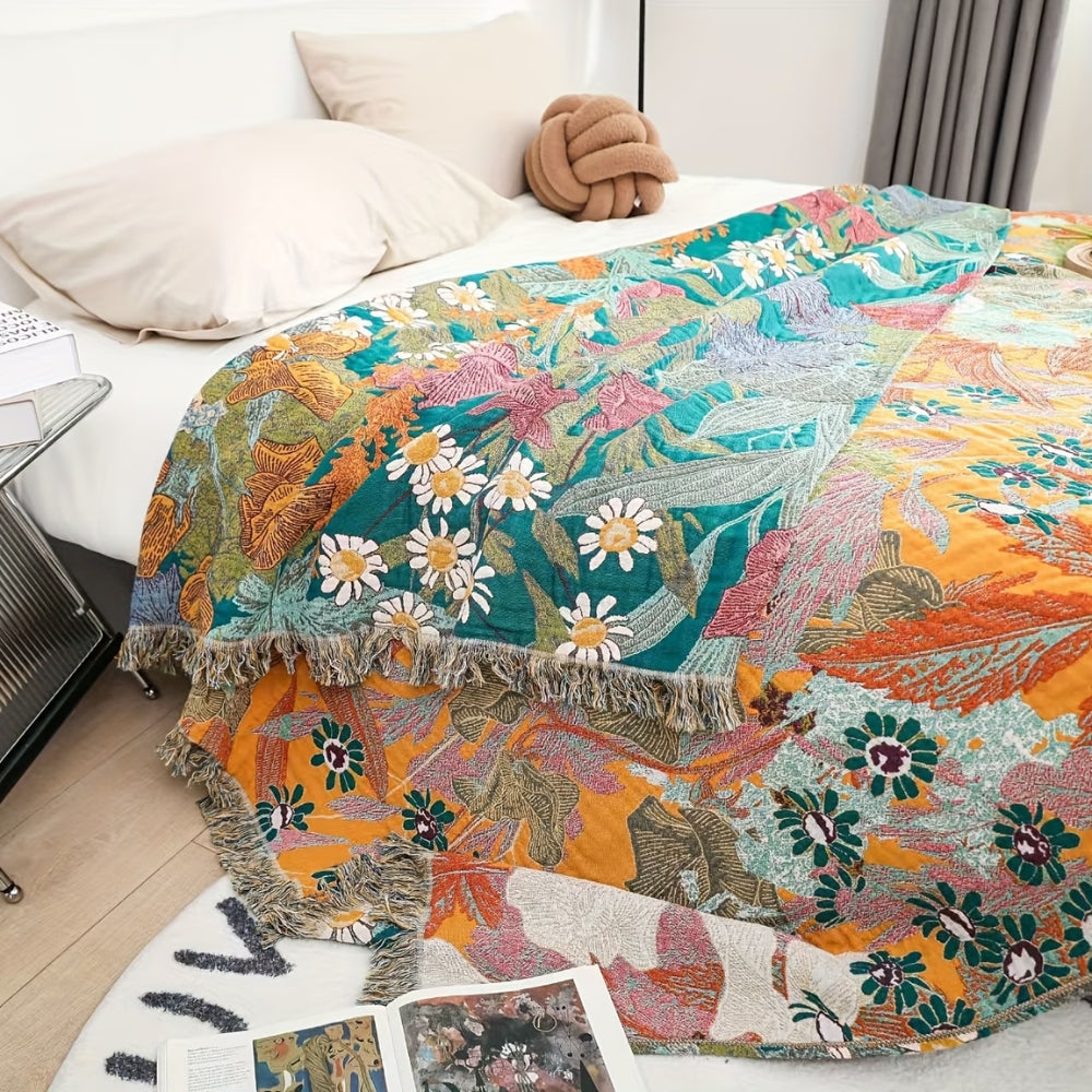Koc patchwork w kwiaty narzuta boho z frędzlami na sofę