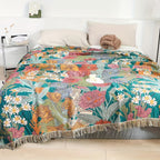 Koc patchwork w kwiaty narzuta boho z frędzlami na sofę