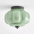 Szklana lampa sufitowa w kolorze jadeitowej zieleni z złotą ramą