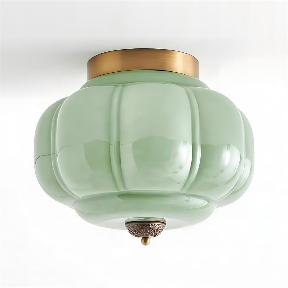 Szklana lampa sufitowa w kolorze jadeitowej zieleni z złotą ramą