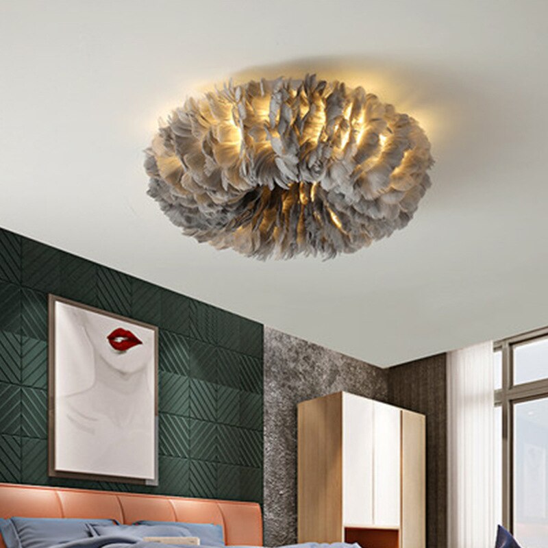Lampa sufitowa LED w stylu boho z motywem piór do sypialni i salonu