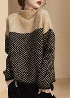Damski Sweter Zimowy Khaki Patchwork Golf Krój