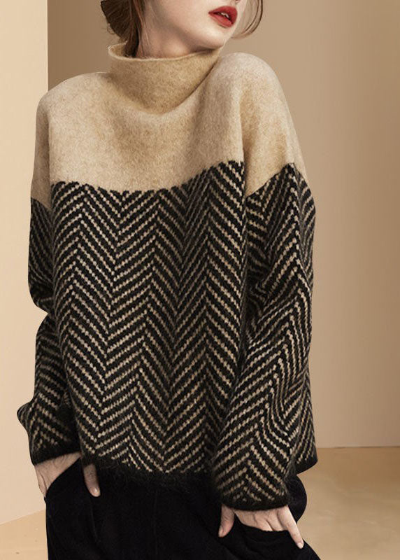 Damski Sweter Zimowy Khaki Patchwork Golf Krój