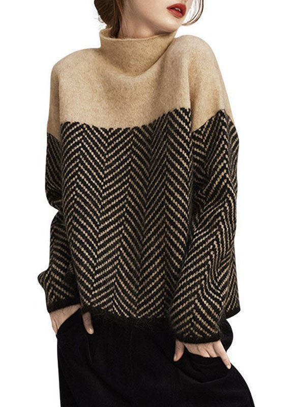Damski Sweter Zimowy Khaki Patchwork Golf Krój