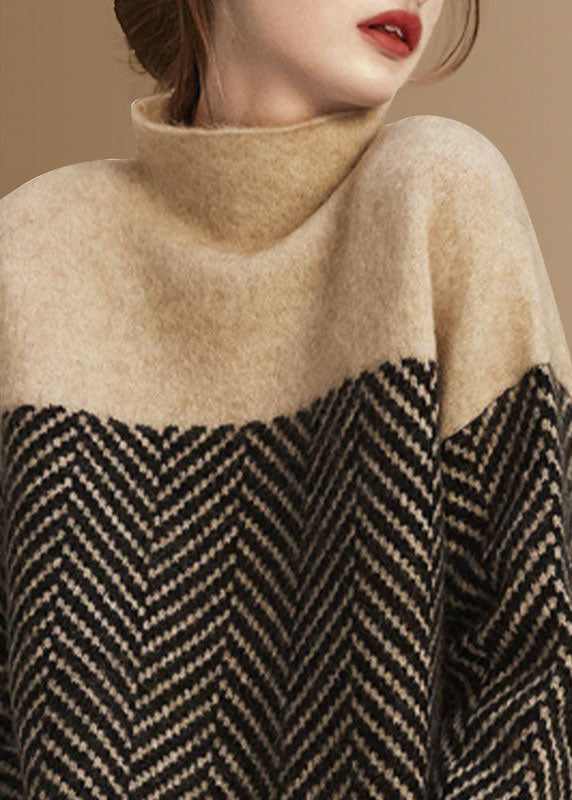 Damski Sweter Zimowy Khaki Patchwork Golf Krój