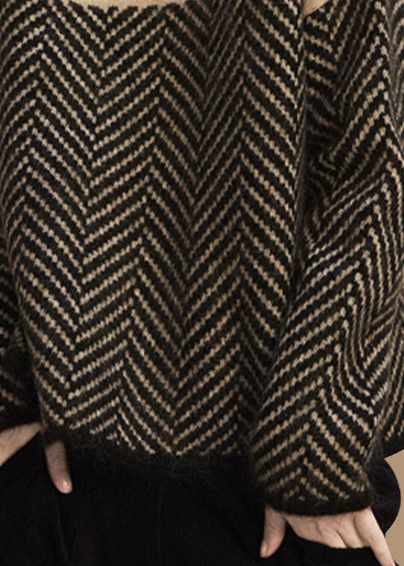 Damski Sweter Zimowy Khaki Patchwork Golf Krój