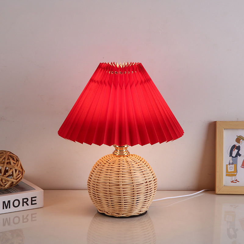 Lampa stołowa led podstawa rattanowa pleciona abażur plisowany