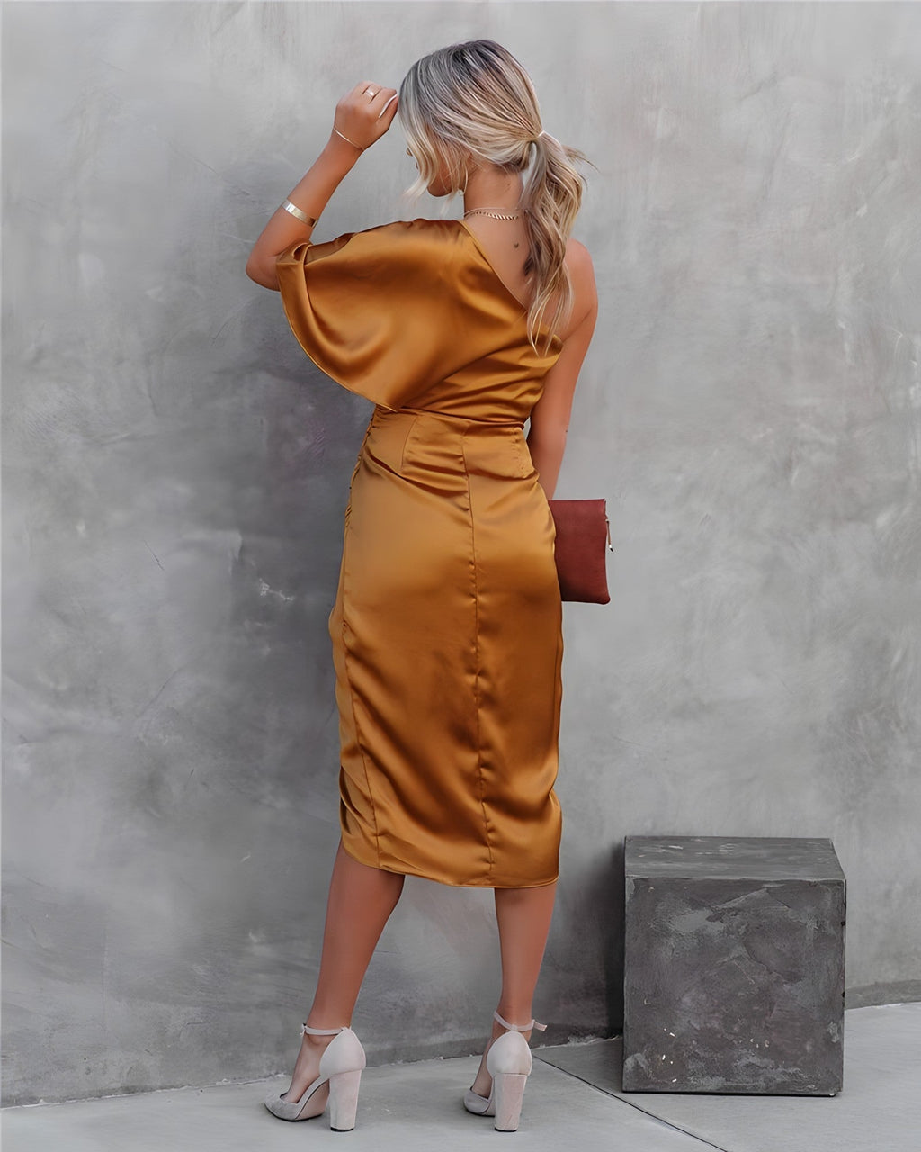 Damska Sukienka Midi Na Jedno Ramię Elegancki Krój Wieczorowy