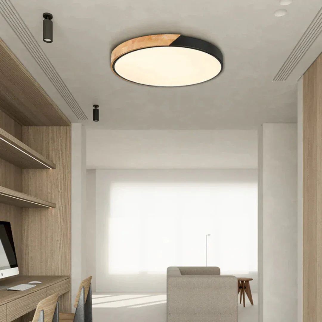 Minimalistyczna skandynawska drewniana lampa sufitowa natynkowa