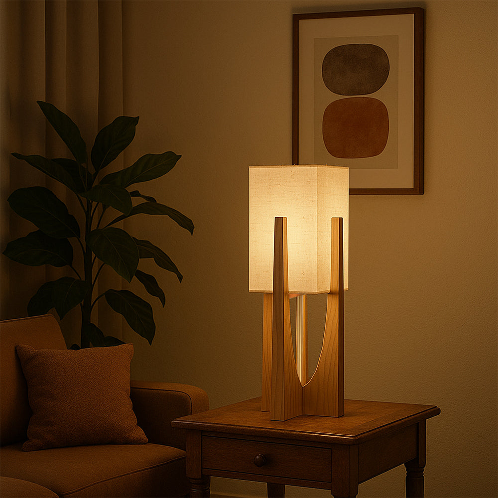 Lampa podłogowa LED styl japoński faktura drewniana rama