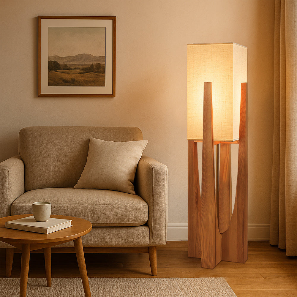 Lampa podłogowa LED styl japoński faktura drewniana rama
