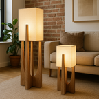 Lampa podłogowa LED styl japoński faktura drewniana rama